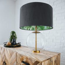 Load image into Gallery viewer, Smokey grey velvet with green leaf lampshade