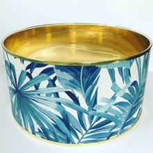 Load image into Gallery viewer, Blue leaf wallpaper with mirror gold liner and gold edged lampshade