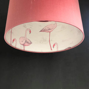 RESERVED FOR TRACEY: Cole & Son 'Flamingo' wallpaper with soft grey velvet lampshade