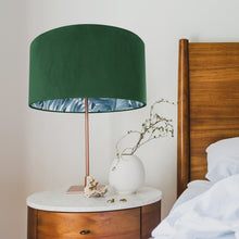 Load image into Gallery viewer, Forest Green velvet with blue leaf lampshade