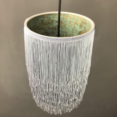 Silver grey tassel lampshade with Cole & Son liner