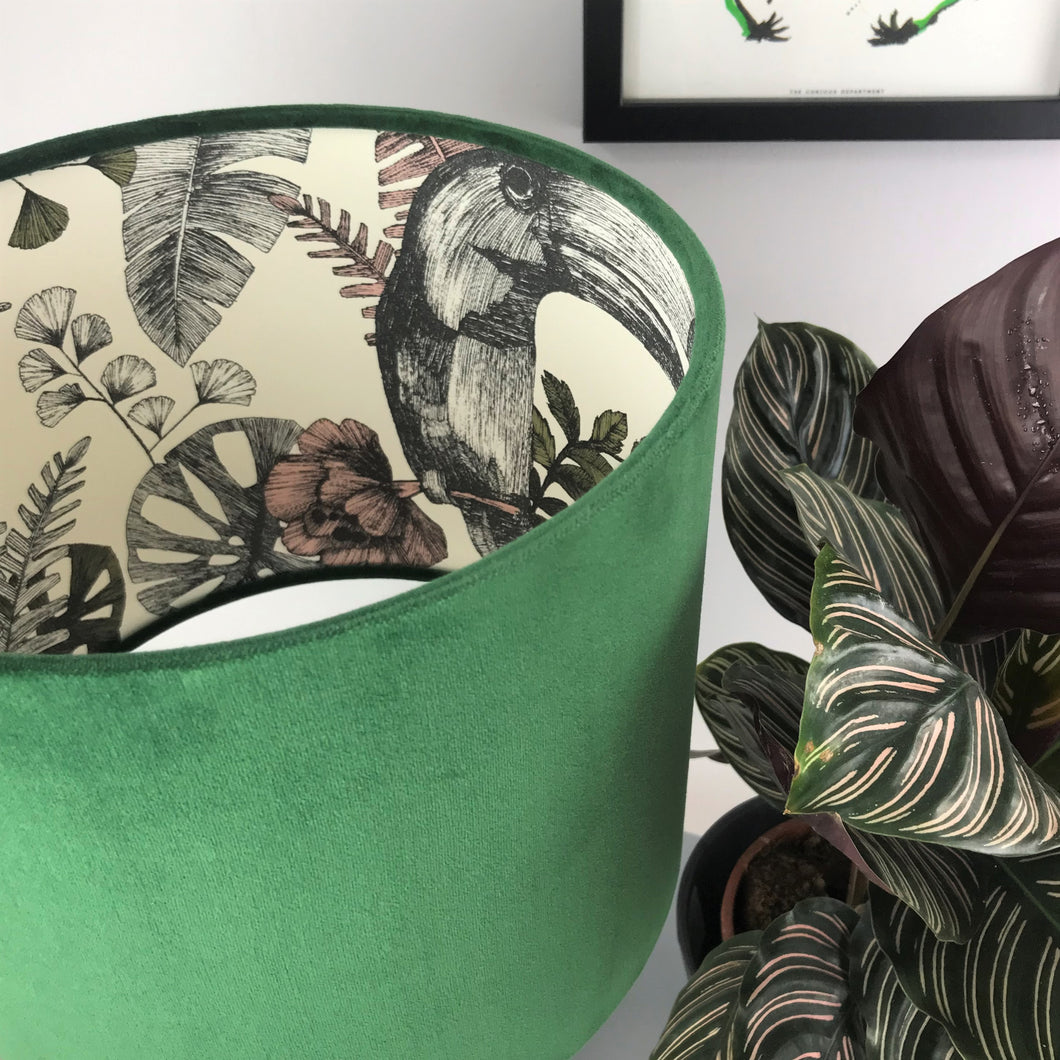 Forest green velvet and exotic leaf wallpaper lampshade