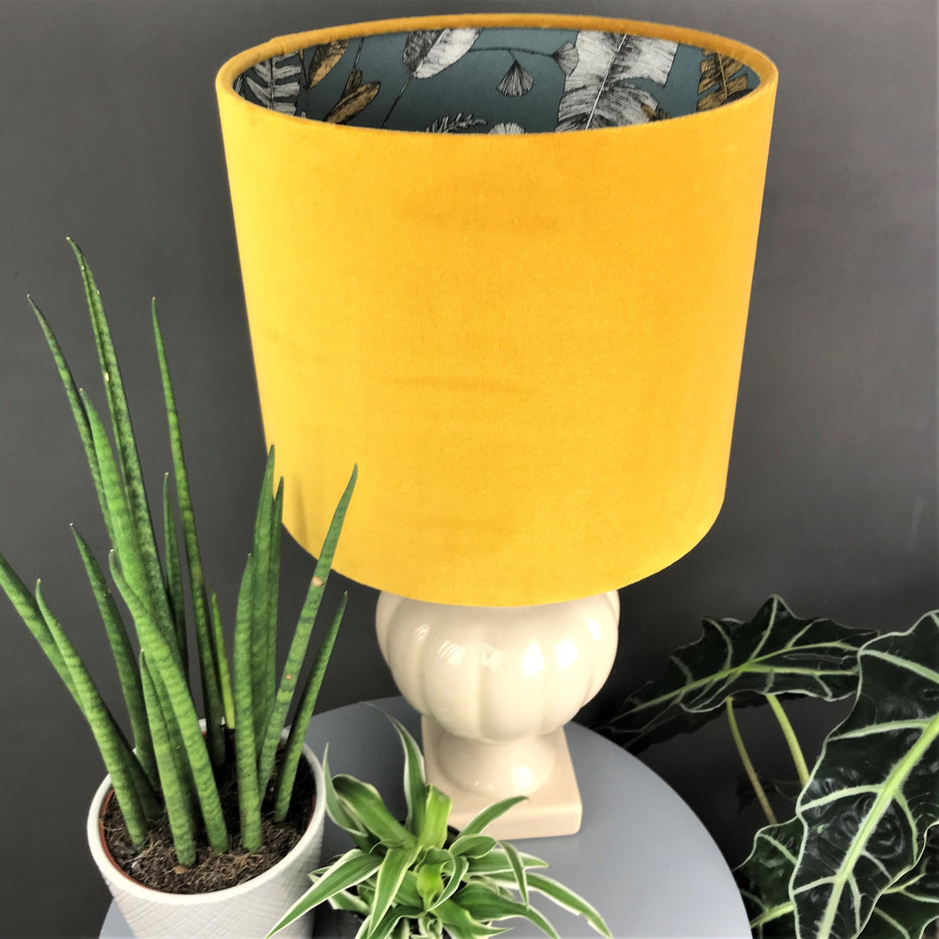 Mustard velvet and exotic leaf wallpaper lampshade