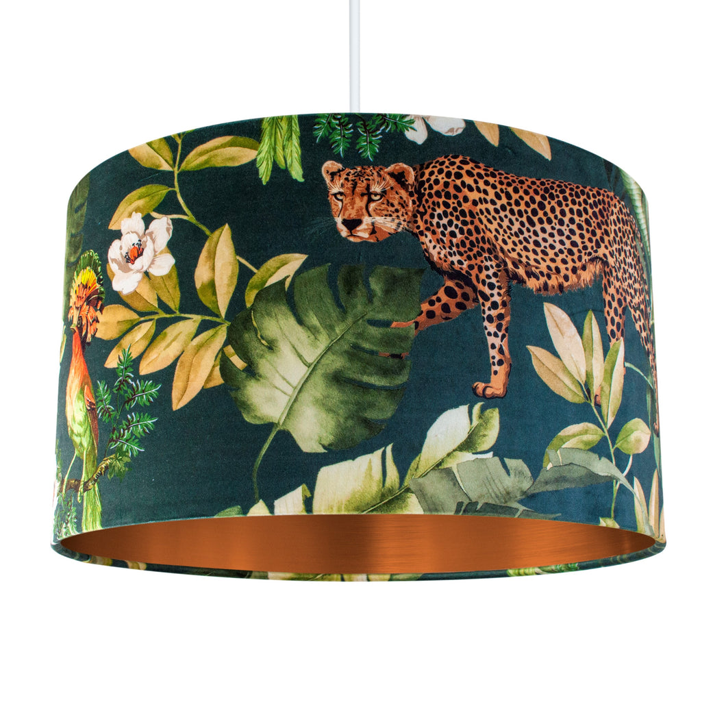 Jungle Velvet teal lampshade with brushed copper liner