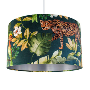 Jungle Velvet teal lampshade with brushed silver liner