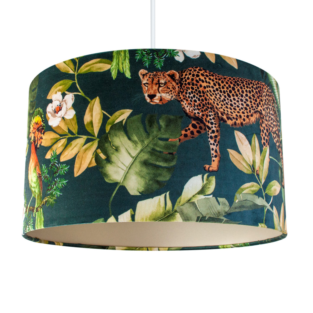 Jungle Velvet teal lampshade with champagne liner