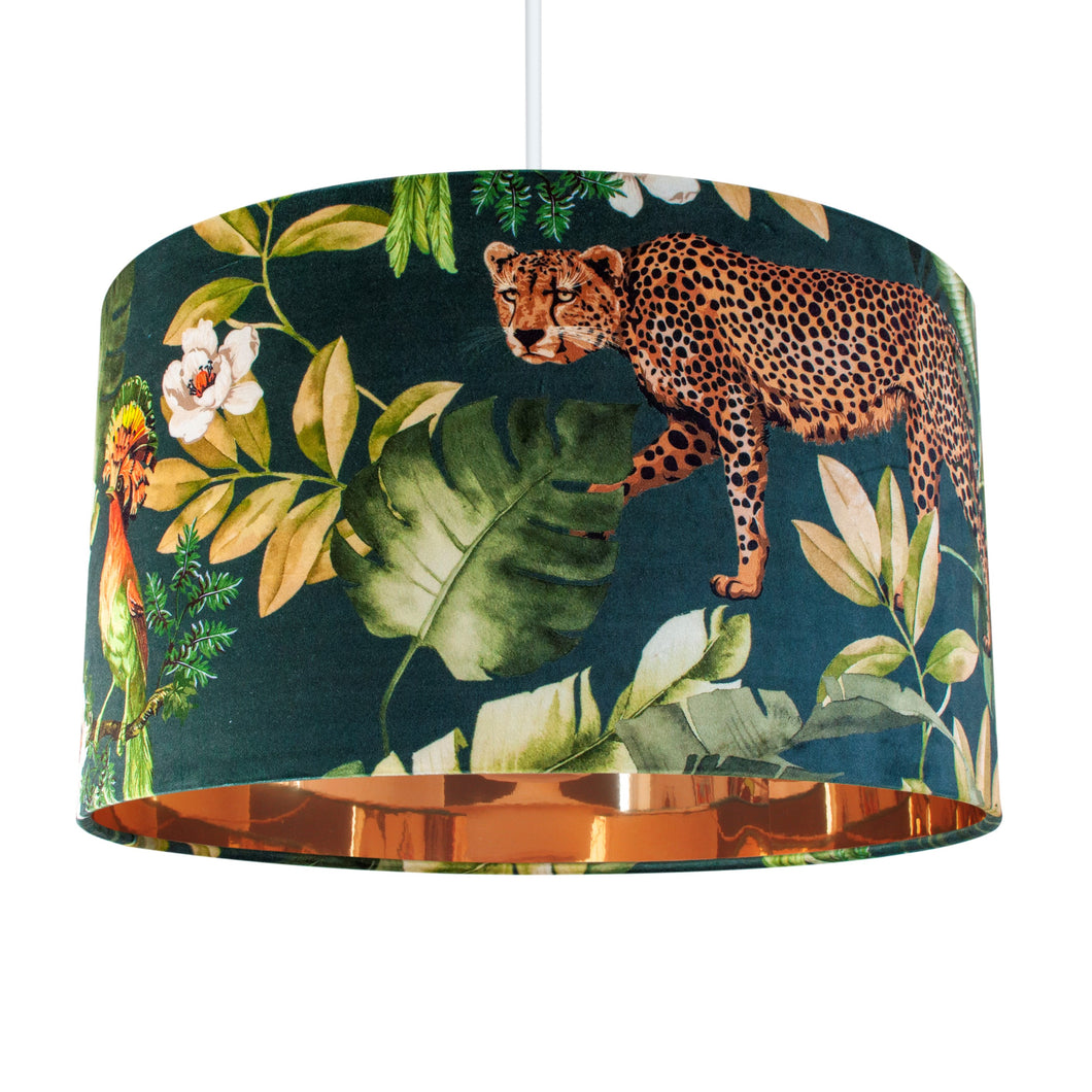 Jungle Velvet teal lampshade with mirror copper liner