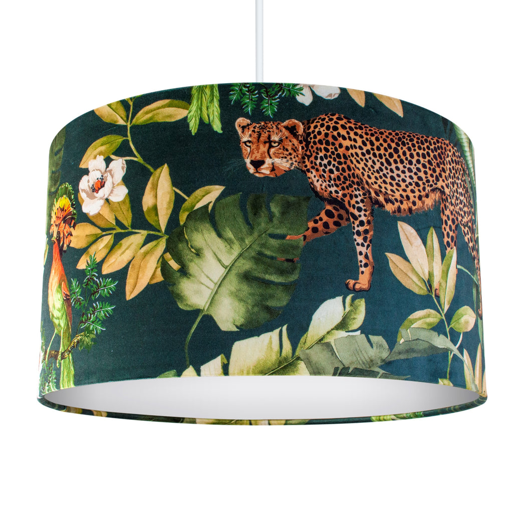 Jungle Velvet teal lampshade with white opaque liner