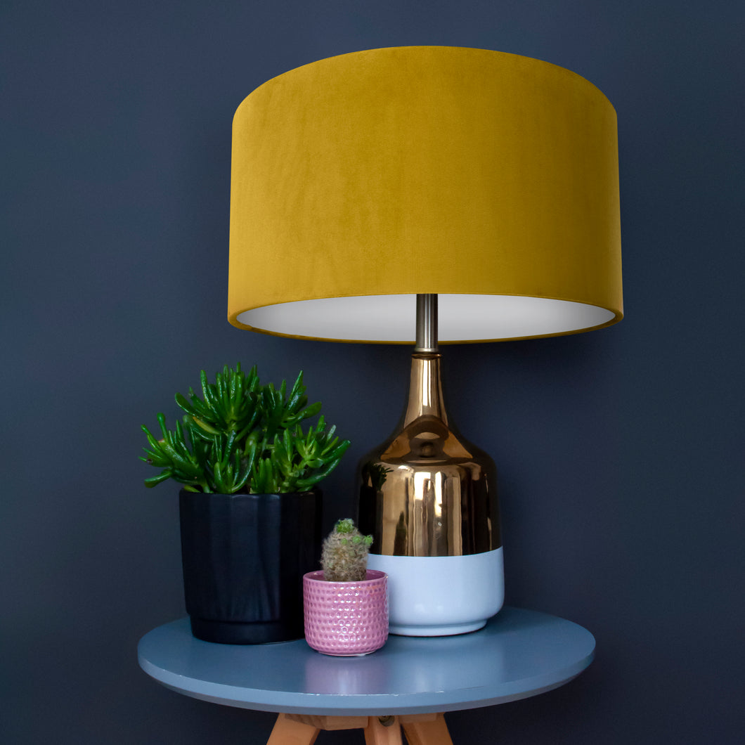 Mustard velvet with opaque white liner lampshade