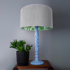 Soft grey velvet with green leaf lampshade
